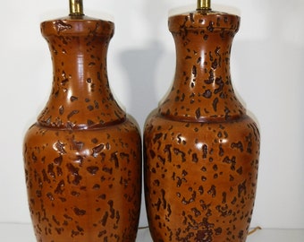 Mid Century Brutalist Ceramic Table Lamps, Cork Texture, Brass Base
