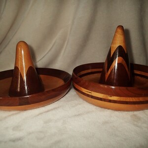 Turned wood Sombrero snack serving bowls, or bowls to keep trinkets or keys. Beautiful segmented contrasting stacked wood artfully turned into sombrero shapes and  finished in high gloss.