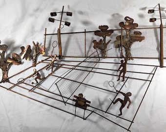 Vintage Italian Brutalist Metal Wall Sculpture Tennis Match Jere Style
