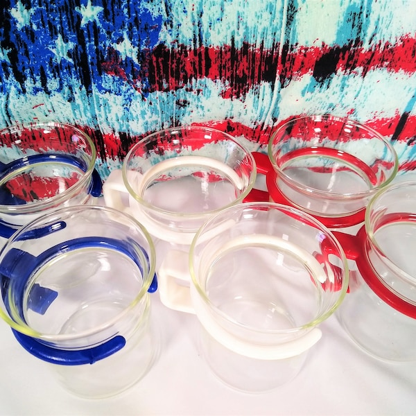 Bodum Danish-Swiss 6 Oz Espresso cups Coffee mugs, Red White and Blue Patriot July 4th removable plastic handle, tempered glass beaker cups