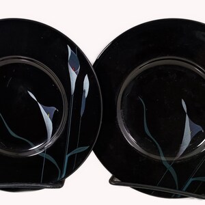 Set of 2 Mikasa Galleria Opus Black five piece place setting. Mystical Calla Lilys on black saucers