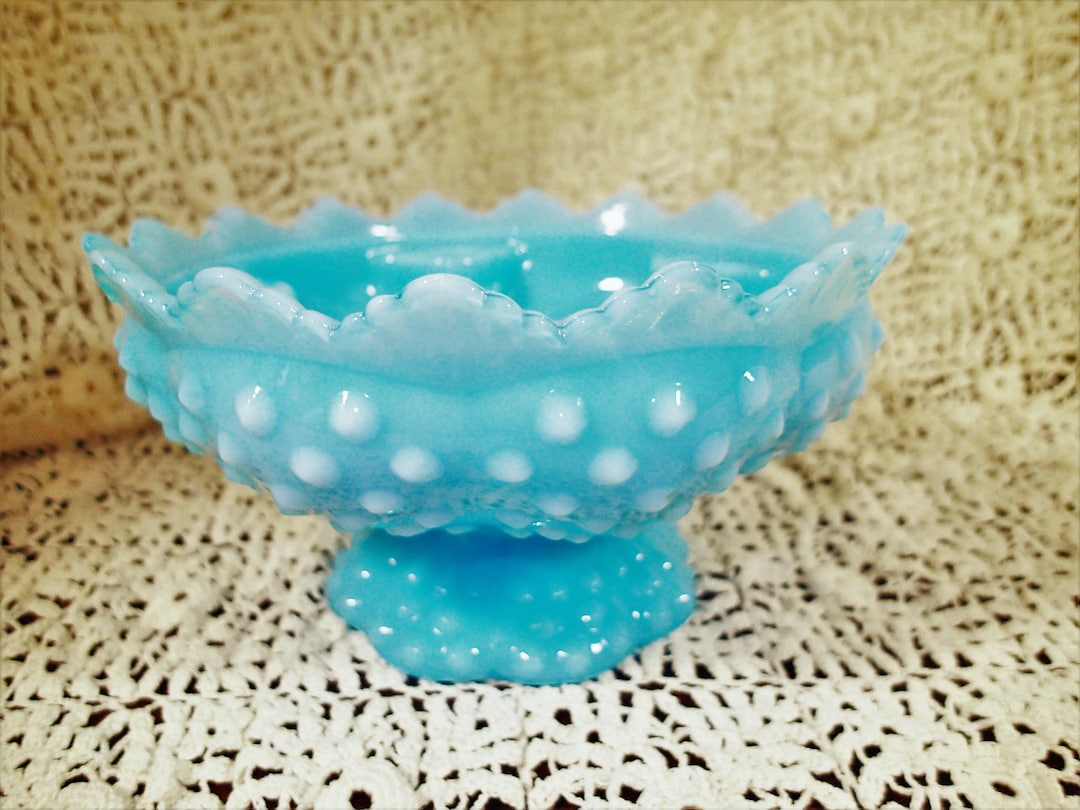 Fenton Hobnail Candle Bowl Pastel Turquoise Blue Etsy