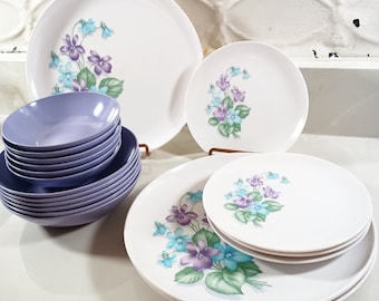 Vintage Royalon Melamine Lavender corsage and Blue Flower Plates and Solid Lavender Bowls 20-piece set