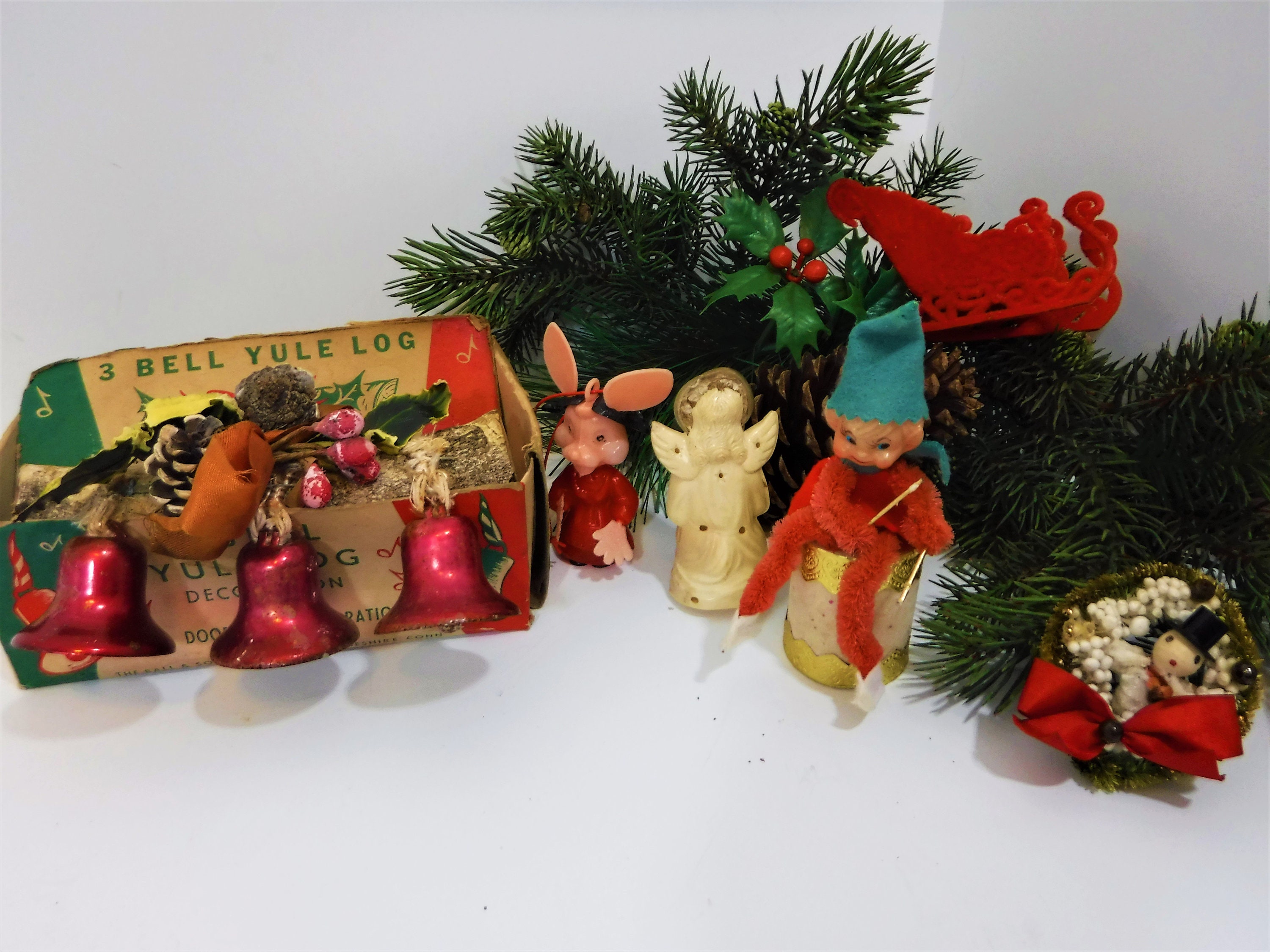 Christmas Ornament Elf & Holly Diorama Plastic Tube Mid Century