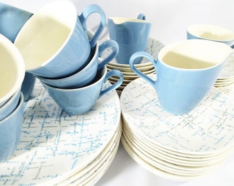 Mid Century Homer Laughlin Blue and Gray Lines HLC431 Dinnerware Sets and Place Setting