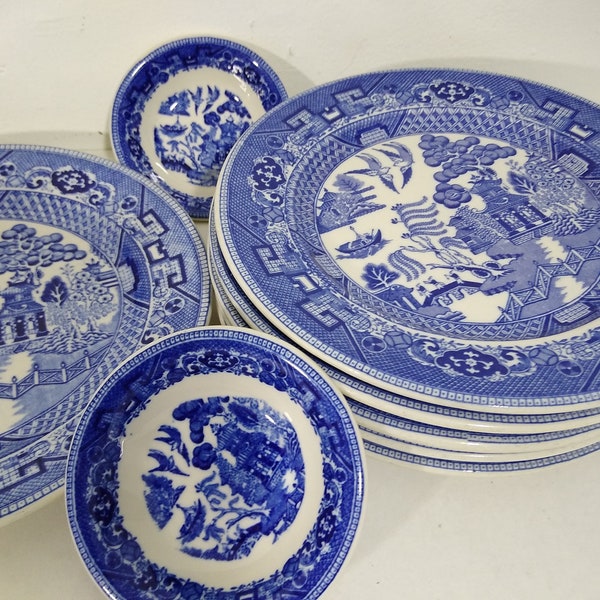 11 piece Set Blue Willow Buffalo China Restaurant / Hotel Ware from 1950's -Early '60's, popular Chinese Love Story Blue and white china