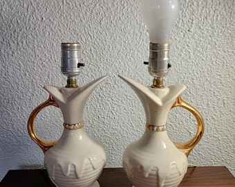 Vintage White & Gold Ceramic Ewer‑Form Mid Century Accent Bedside Table Lamps pair, 11" Tall