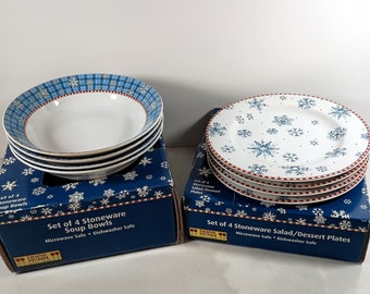 Sakura Snowflake designed by Debbie Mum.  Set of 4 Soup Bowls Or Set of 4 Dessert/Salad Plates. In Original Boxes
