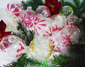 Lanissa Vintage Clear Glass Christmas Ornaments hand painted with Red and Gold snowflake designs and mica glittered. Set of 12