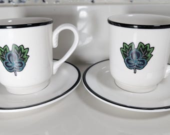 Homer Laughlin Pristine Restaurant Ware Coffee Cup & Saucer Set, Berry Design, Black Trim