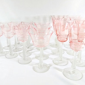 Antique Cambridge 3095 Water Goblets, Champagne & Liqueur Cocktail Glasses, Rare Pink Optical Glass Stemware with Unique Clear Twist Stems.