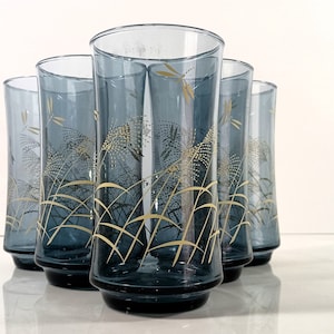 Libbey Bolero cream-colored wild grass or wheat and dragonflies on clear gray-blue glass 12-ounce 5 1/4&quot; Flat Tumbler. Set of 5
