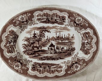 W Adams Tunstall Damascus Brown Transferware Ironstone Turkey Platter 18 3/4" x 13 1/2" Antique
