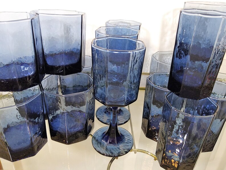 Libbey Facets Cobalt Blue Glassware Set of 22 Midcentury Etsy