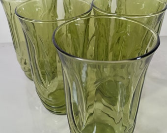 Mid Century Anchor Hocking Avocado Green Colonial Tulip 12-ounce Flat Tumblers, set of 6