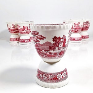 Spode&#39;s Tower Pink Antique Red Transferware Double Egg Cups sold individually. Excellent condition, no chips, cracks, or discoloration