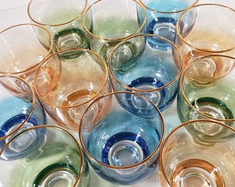 Mid-century Modern Barware, Iridescent Ombre sapphire blue, emerald green, and topaz yellow heavy glass footed cocktail glasses. Set of 12