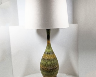 Mid-Century Modern Tall Gourd Table Lamp with Textured Gradated Avocado Green to Gold Horizontal Stripes & Turtle Finial. SHADE NOT INCLUDED