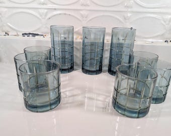 Vintage Anchor Hocking Tartan Denim Blue Glassware – Double Old Fashioned or Iced Tea – Retro Barware