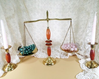 Vintage Balance Scale with Green Aventurine, Pink Rose Quartz grapes and Candlesticks