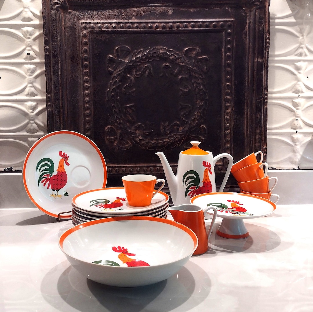Midcentury Topline Imports Calico Rooster Luncheon Set Snack Etsy