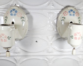 Antique Porcelier Sconces | 1930s Art Deco Porcelain Bathroom Light Fixtures, Cottagecore Floral, Pair