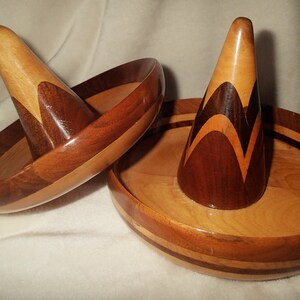 Turned wood Sombrero snack serving bowls, or bowls to keep trinkets or keys. Beautiful segmented contrasting stacked wood artfully turned into sombrero shapes and  finished in high gloss.