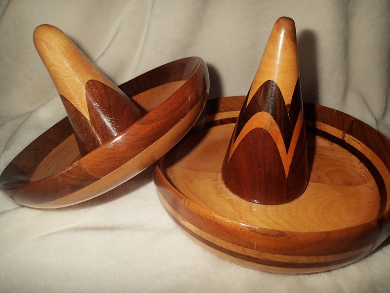 Turned wood Sombrero snack serving bowls, or bowls to keep trinkets or keys. Beautiful segmented contrasting stacked wood artfully turned into sombrero shapes and  finished in high gloss.