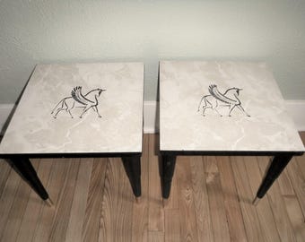 Mid-Century Formica Accent Tables: Winged Bull Graphic, Stacking Design