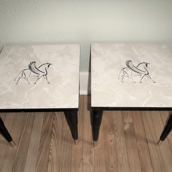 Mid-Century Formica top BOHO Stacking occasional accent end tables with Formica top with symbolic Symbol of The Winged Bull or Oxen