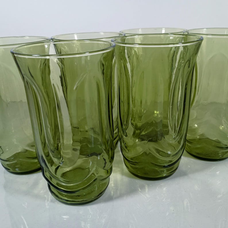 Set of 6 Vintage Anchor Hocking Colonial Tulip  Avodaco green tumblers. 5 1/4 inch tall glasses molded into the shape to represent tulip blossoms.