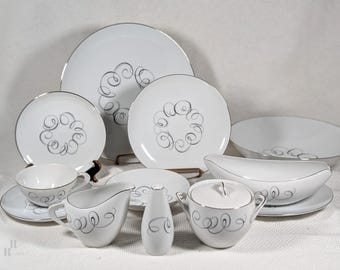 Style House Rhythm China Japan, Black Gray Scroll Wreath Pattern, Mid Century Dinnerware