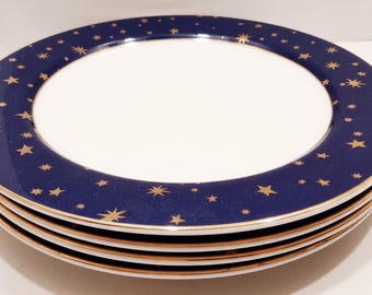 Vintage Sakura Celestial Dinner Plates, Navy Blue with Gold Stars.