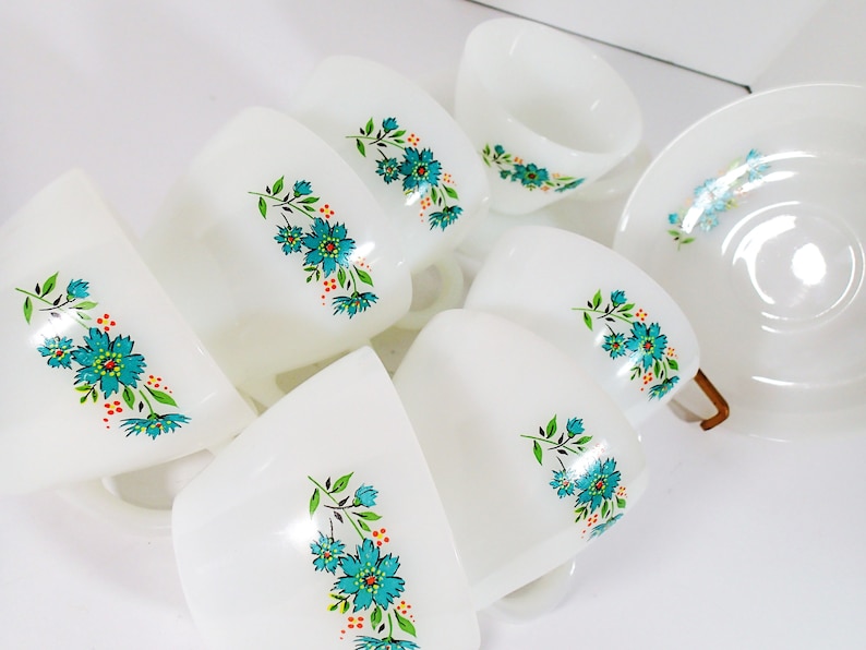 Vintage Fire King Bonne Blue Bell Milk Glass Cups and Saucers Etsy