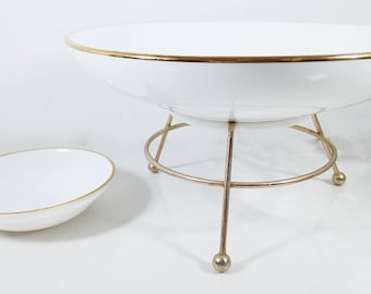 Mid Century Modern White Glass Chip and Dip Set with Atomic Gold Stand