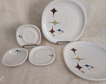 Syracuse China Trend Starburst Plates & Saucers | Aqua Brown Gold Atomic Design