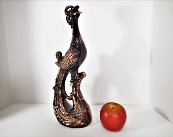 Black Art Deco Ceramic Peacock Mid Century Figurine 15" tall.