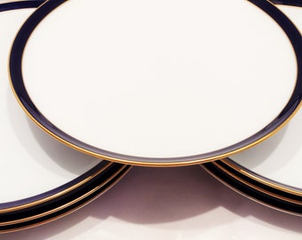 May include: A stack of white oval plates with a navy blue border and a gold trim. The plates are arranged in a slightly overlapping pattern, showcasing their elegant design. The plates are clean and ready for use.
