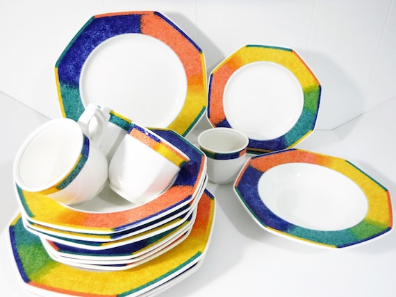 Retro Mikasa Color Eclipse 4 Piece Place Settings Service for 4 Hexagonal Shape Plates Multi color Band Etsy Canada