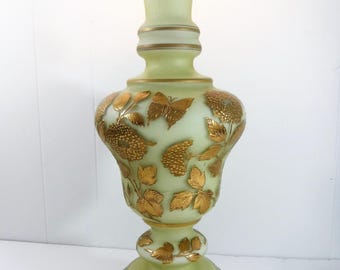 Hollywood Regency Carl Falkenstein Table lamp. Heavy Gold Gilt Butterflies on pale lime green Satin glass