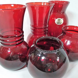 Anchor Hocking  Ruby Red glassware, choice of 6 1/4" ribbed flower vase, 6 1/4" flared flower vase, 4" Ivy vase or 4" ruffled edge Ivy vase.