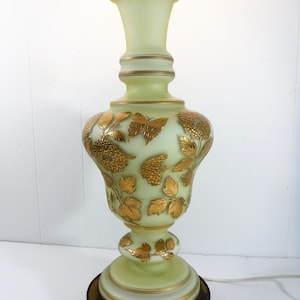 Hollywood Regency Carl Falkenstein Table lamp. Heavy Gold Gilt Butterflies on pale lime green Satin glass