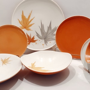 Mid Century Iroquois Harvest Time Ben Seibel design, Gray and Brown Maple Leaves. 7, 6, or 5 piece place settings, or covered sauce pan.