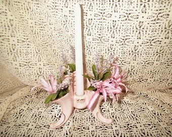 Vintage Pink Triple Horn Bud Vase with Candle Holder Gold Trim