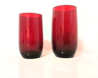 Royal Ruby Red Roly Poly 5" Tumblers - set of 8 Flat Iced Tea 13 oz. Mid Century clear red glassware by Anchor Hocking