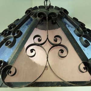 Gothic Spanish Revival Lilac Purple and blue Stained Glass Wrought Iron Swag Lamp Light, Large 21&quot; diameter