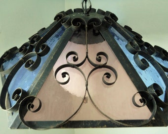 Gothic Spanish Revival Lilac Purple and blue Stained Glass Wrought Iron Swag Lamp Light, Large 21" diameter