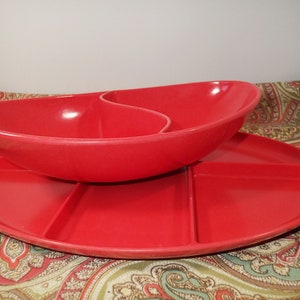 Vintage Melmac Spaulding Melamine Orange  divided  bowl  and oval tray