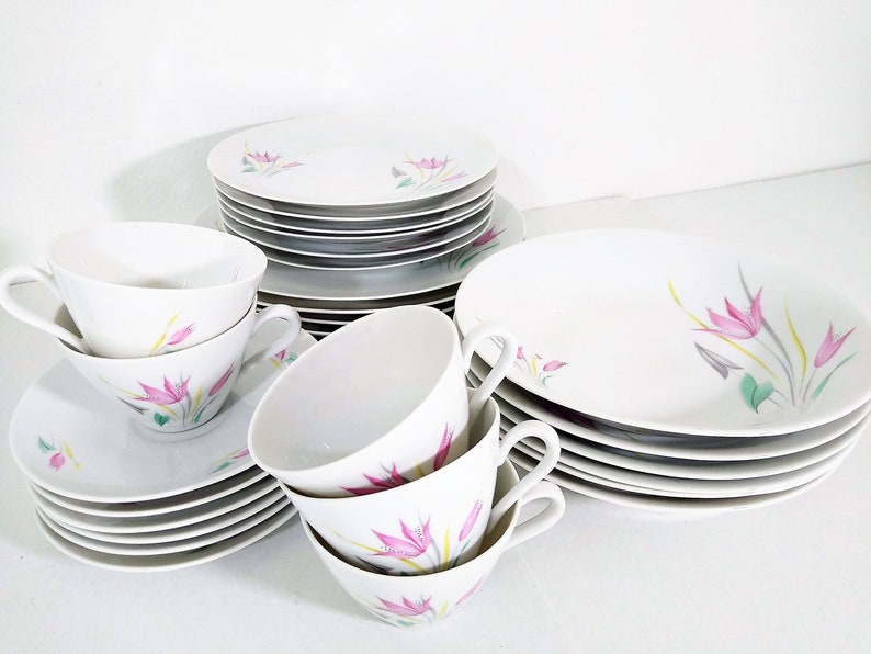 Mid Century Winterling Marktleuthen Bavaria WIG1514 Stylized Pink Arrowroot Flowers, green and gray leaves, yellow and gray grass dinnerware set. 37 piece dinnerware set