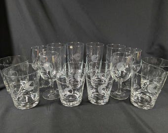 Mid-Century Glastonburg Lotus Crystal Glassware Sets with Rose Bud Gray Cut Glass